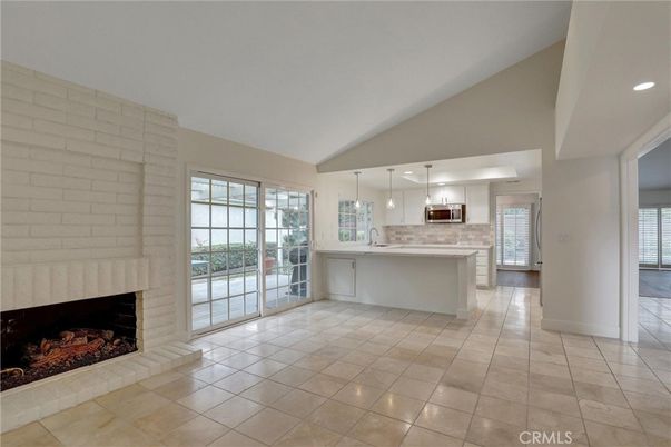 Fireplace, Interior, Kitchen, Pendant Lights, Recessed Lighting, Stone Walls