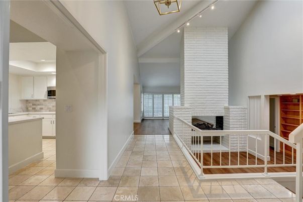 Fireplace, Interior, Kitchen, Recessed Lighting, Wood Texture Flooring