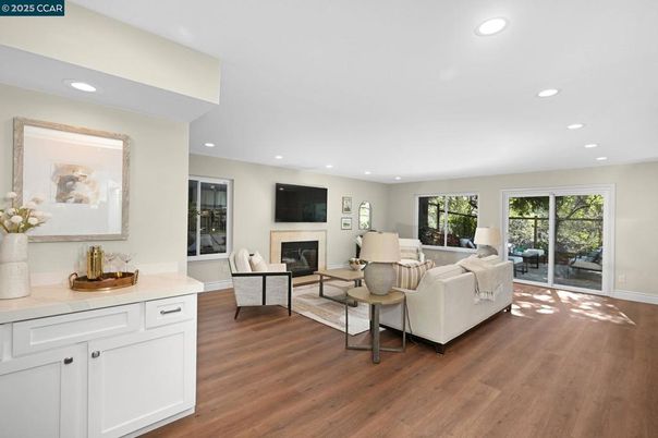 Fireplace, Interior, Living room, Recessed Lighting, Wood Texture Flooring