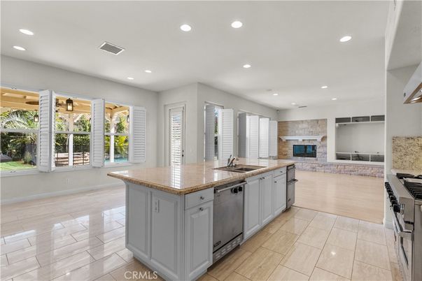 Fireplace, Interior, Kitchen, Recessed Lighting, Stainless Steel Appliances