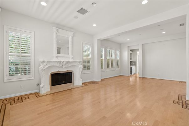 Empty room, Fireplace, Interior, Recessed Lighting, Wood Texture Flooring