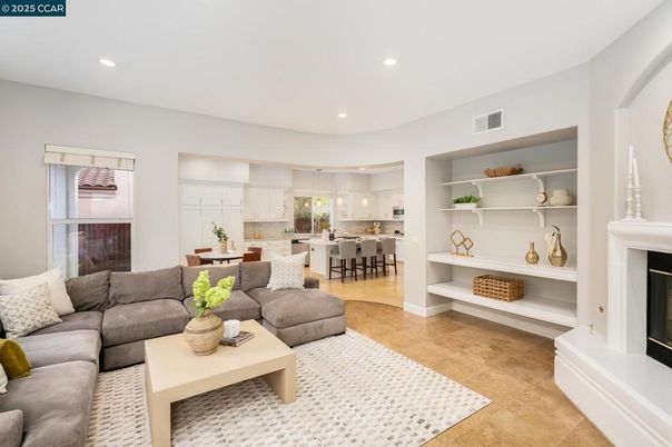 Dining room, Fireplace, Interior, Kitchen, Living room, Pendant Lights, Recessed Lighting