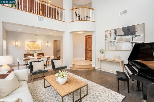 Dining room, Interior, Living room, Pendant Lights, Piano, Recessed Lighting, Wood Texture Flooring