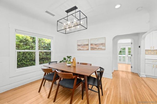 Dining room, Interior, Pendant Lights, Recessed Lighting, Wood Texture Flooring