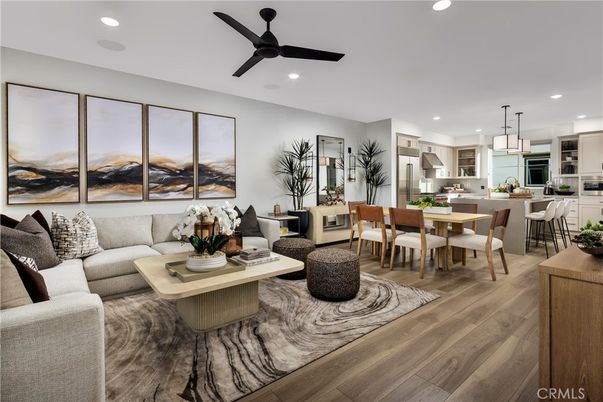 Dining room, Interior, Kitchen, Living room, Pendant Lights, Recessed Lighting, Stainless Steel Appliances, Wood Texture Flooring