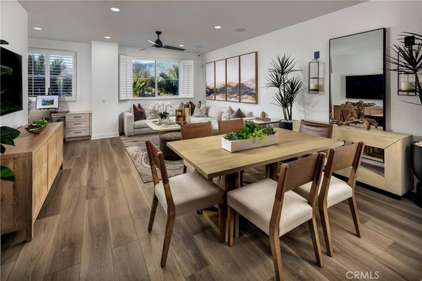Dining room, Interior, Living room, Recessed Lighting, Wood Texture Flooring