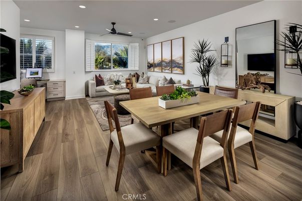 Dining room, Interior, Living room, Recessed Lighting, Wood Texture Flooring