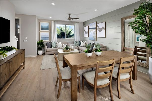 Dining room, Interior, Living room, Recessed Lighting, Wood Texture Flooring