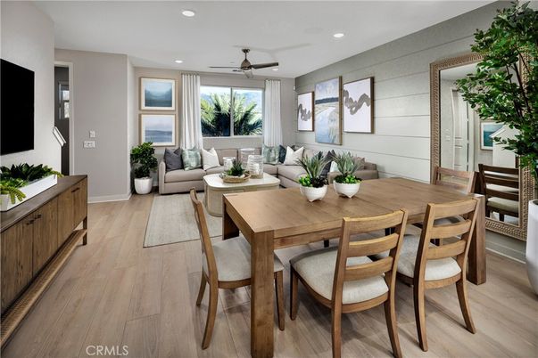 Dining room, Interior, Living room, Recessed Lighting, Wood Texture Flooring