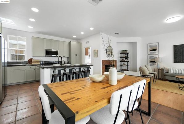 Dining room, Fireplace, Interior, Kitchen, Living room, Recessed Lighting, Stainless Steel Appliances