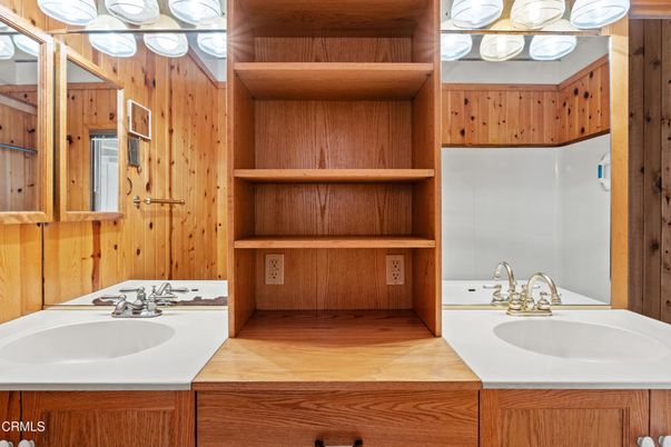 Bathroom, Dual Sink Vanities, Interior, Tile Countertops, Wooden Walls