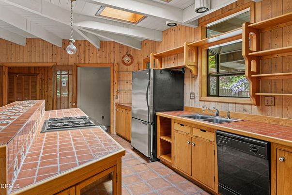 Interior, Kitchen, Pendant Lights, Tile Countertops, Wooden Walls