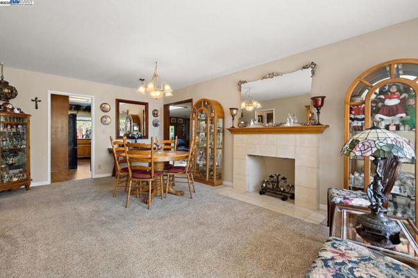 Chandelier, Dining room, Fireplace, Interior