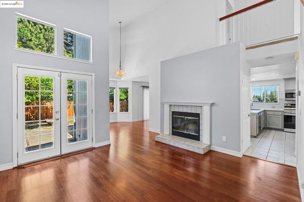 Fireplace, Interior, Kitchen, Pendant Lights, Wood Texture Flooring