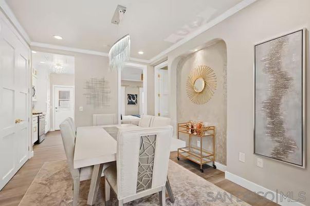 Chandelier, Dining room, Interior, Kitchen, Living room, Recessed Lighting, Wood Texture Flooring