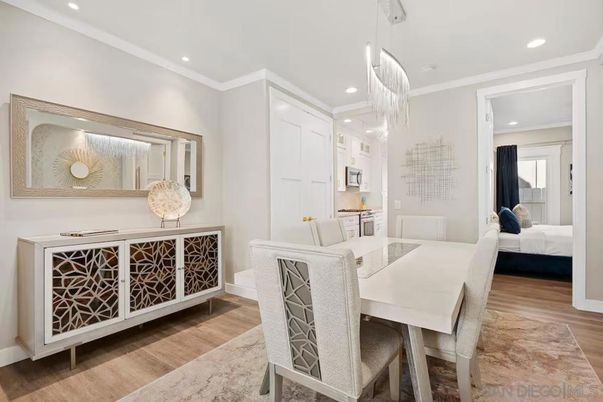 Bedroom, Chandelier, Dining room, Interior, Pendant Lights, Recessed Lighting, Wood Texture Flooring