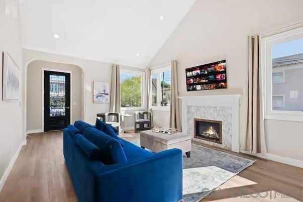 Fireplace, Interior, Living room, Recessed Lighting, Wood Texture Flooring