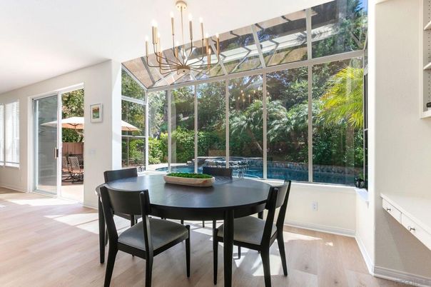 Dining room, Interior, Pendant Lights, Sun Room, Wood Texture Flooring