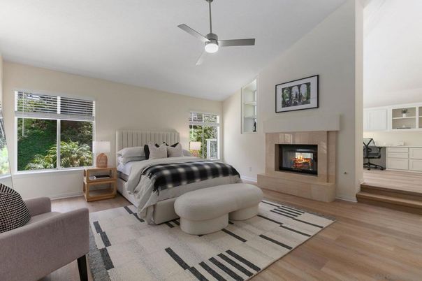 Bedroom, Fireplace, Interior, Wood Texture Flooring