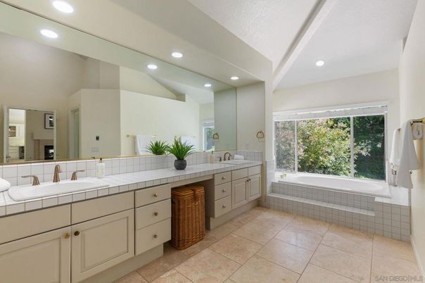 Bathroom, Dual Sink Vanities, Interior, Recessed Lighting, Tile Countertops
