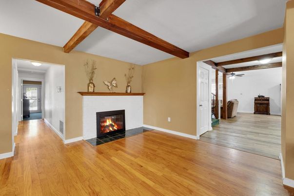 Empty room, Fireplace, Interior, Wooden Beams, Wood Texture Flooring