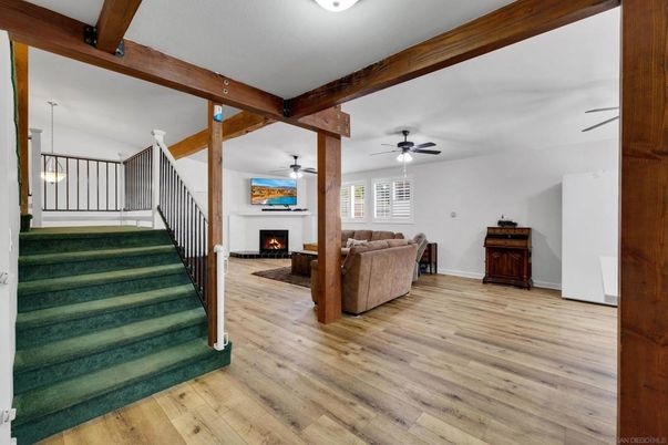 Fireplace, Interior, Living room, Pendant Lights, Wooden Beams, Wood Texture Flooring
