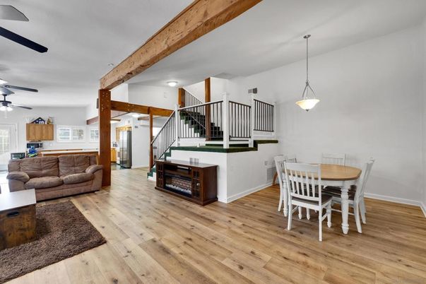 Dining room, Interior, Living room, Pendant Lights, Wooden Beams, Wood Texture Flooring