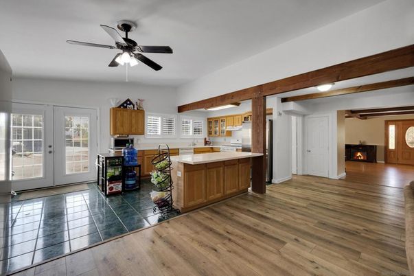 Fireplace, Interior, Kitchen, Wooden Beams, Wood Texture Flooring