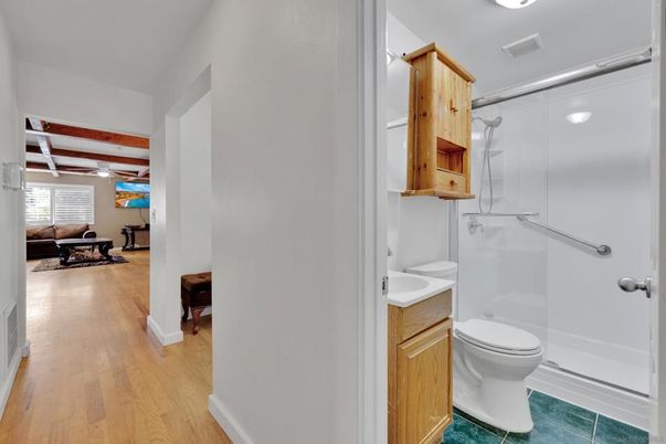 Bathroom, Glass Shower, Interior, Wood Texture Flooring