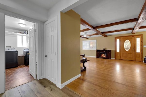 Fireplace, Interior, Washer, Wooden Beams, Wood Texture Flooring