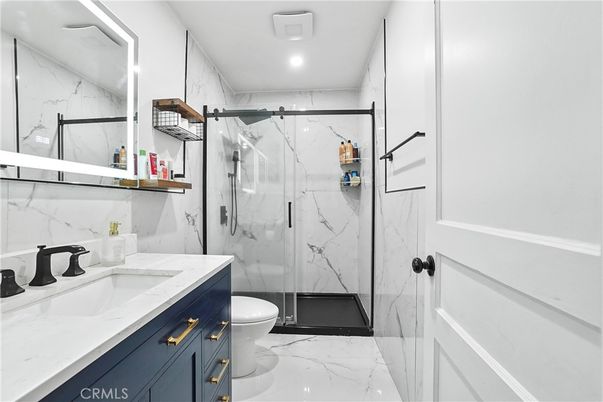 Bathroom, Glass Shower, Interior, Marble, Marble Walls, Recessed Lighting