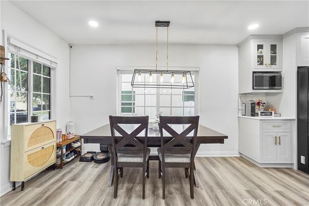 Dining room, Interior, Pendant Lights, Recessed Lighting, Wood Texture Flooring