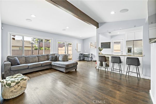 Dining room, Interior, Kitchen, Living room, Recessed Lighting, Stainless Steel Appliances, Wood Texture Flooring