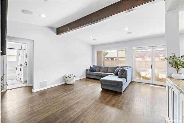 Interior, Living room, Recessed Lighting, Wooden Beams, Wood Texture Flooring