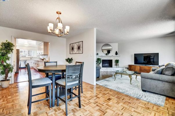 Chandelier, Dining room, Fireplace, Interior, Living room, Wood Texture Flooring