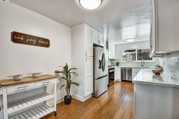 Interior, Kitchen, Stainless Steel Appliances, Wood Texture Flooring