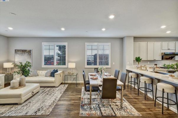 Dining room, Interior, Kitchen, Living room, Recessed Lighting, Wood Texture Flooring