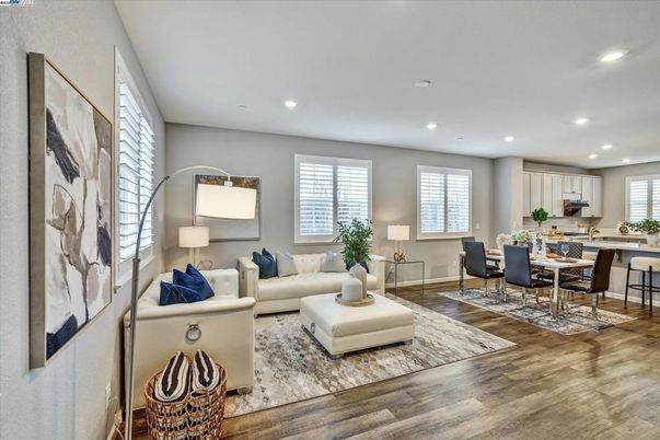 Dining room, Interior, Living room, Recessed Lighting, Wood Texture Flooring