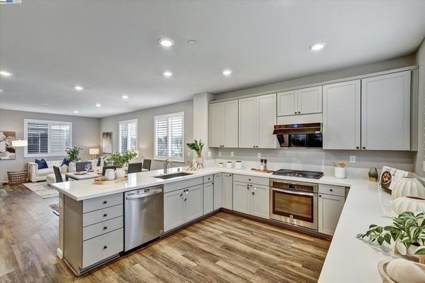 Interior, Kitchen, Living room, Recessed Lighting, Stainless Steel Appliances, Wood Texture Flooring