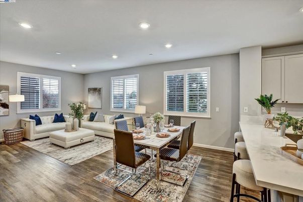 Dining room, Interior, Living room, Recessed Lighting, Wood Texture Flooring