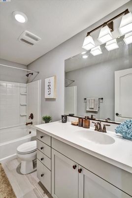 Bathroom, Dual Sink Vanities, Interior, Recessed Lighting, Wood Texture Flooring