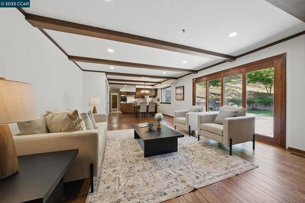 Interior, Living room, Pendant Lights, Recessed Lighting, Wooden Beams, Wood Texture Flooring