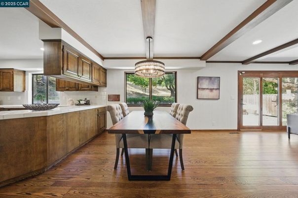 Chandelier, Dining room, Interior, Kitchen, Recessed Lighting, Wooden Beams, Wood Texture Flooring