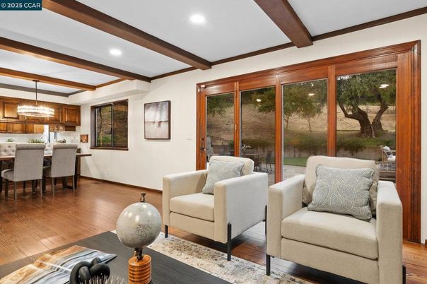 Dining room, Interior, Pendant Lights, Recessed Lighting, Wooden Beams, Wood Texture Flooring