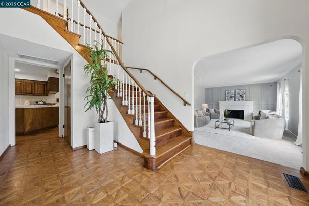 Fireplace, Interior, Kitchen, Living room, Recessed Lighting, Wood Texture Flooring