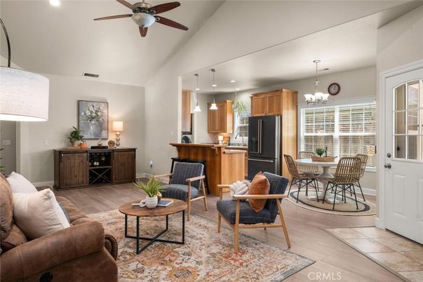 Chandelier, Dining room, Interior, Kitchen, Living room, Pendant Lights, Recessed Lighting, Wood Texture Flooring