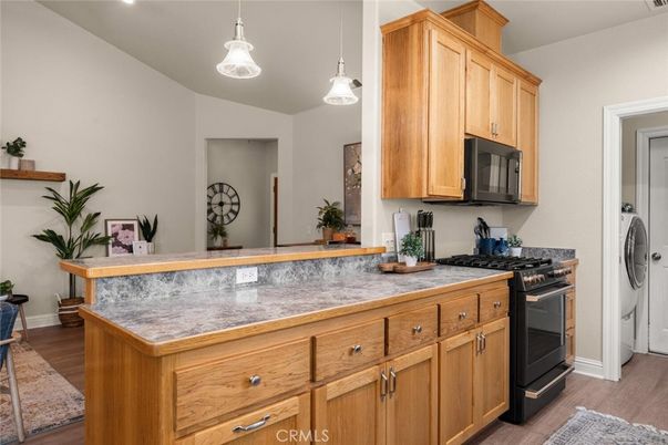 Interior, Kitchen, Pendant Lights, Recessed Lighting, Washer, Wood Texture Flooring