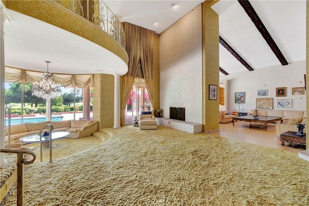 Chandelier, Fireplace, Interior, Living room, Recessed Lighting, Wooden Beams