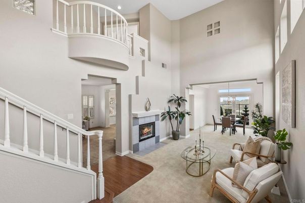 Chandelier, Dining room, Fireplace, Interior, Living room, Recessed Lighting, Wood Texture Flooring