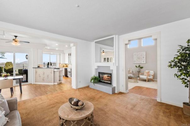 Dining room, Fireplace, Interior, Kitchen, Recessed Lighting, Wood Texture Flooring